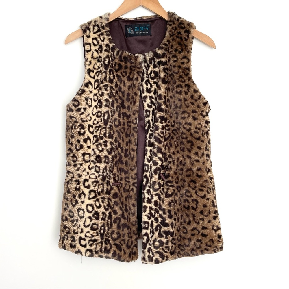 Leopard Pattern Faux Fur Vest Brown Womens size L
